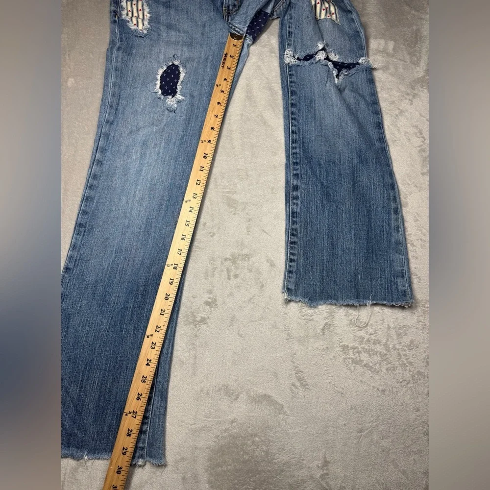 Y2K Blue Cult Midrise Kate Flare Patchwork Denim Distressed Blue Jeans Size 31
